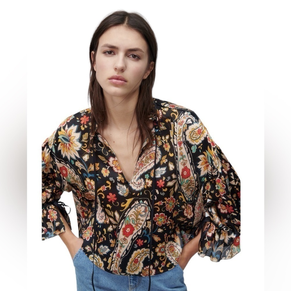 ZARA Printed Shirt With Bow Medium